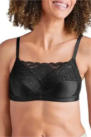 Amoena Isabel Camisole Bra 2118 Black. Photo of a woman modeling the bra.