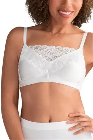 Amoena Isabel Camisole Bra 2118 White. Photo of a woman modeling the bra.