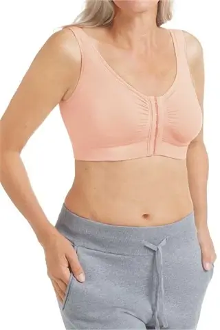 Clara Wire-Free Front Closure Bra Rose Nude. Photo of a woman modeling the bra.