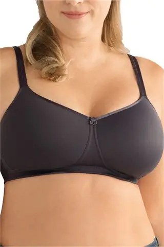 Mara Padded Wire-Free Bra Dark Grey. Photo of woman modeling the bra.
