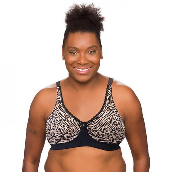 Trulife Barbara Mastectomy Bra Exotic Tiger. Photo of a woman modeling the bra