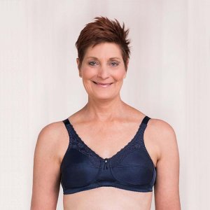 Trulife Barbara Mastectomy Bra Midnight Blue. Photo of a woman modeling the bra