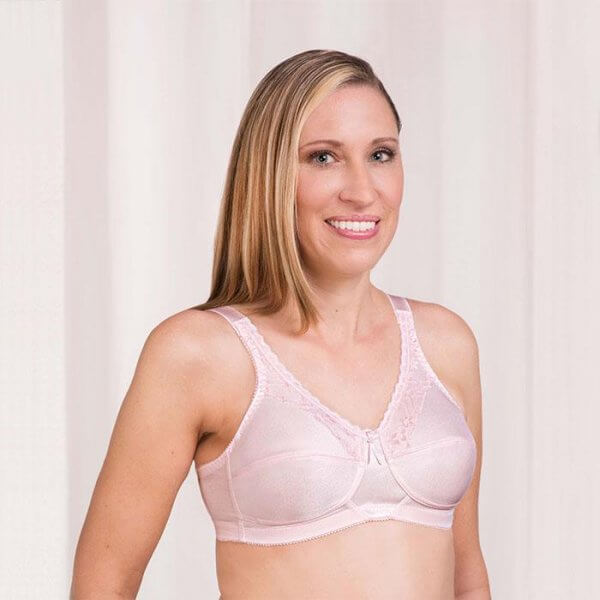 Trulife Barbara Mastectomy Bra Powder Pink. Photo of a woman modeling the bra