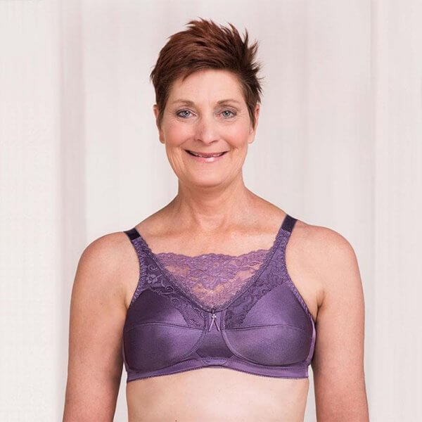 Trulife Jessica Mastectomy Bra Amethyst. Photo of a woman modeling the bra.