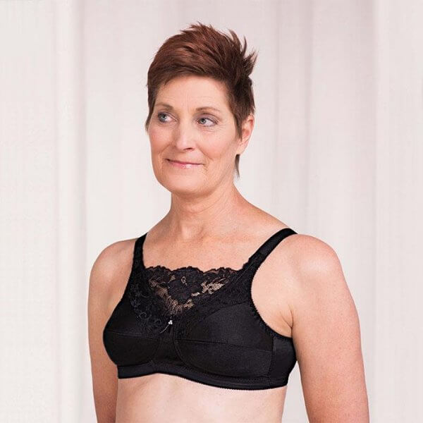 Trulife Jessica Mastectomy Bra Black. Photo of a woman modeling the bra.