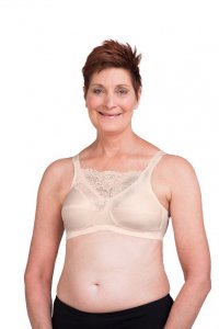 Trulife Jessica Mastectomy Bra Nude. Photo of a woman modeling the bra.