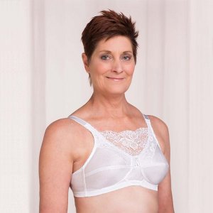 Trulife Jessica Mastectomy Bra White. Photo of a woman modeling the bra.