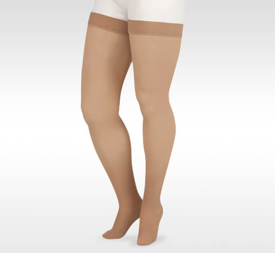 Juzo Soft Compression Stockings Thigh High Beige. Photo of the compression stockings.