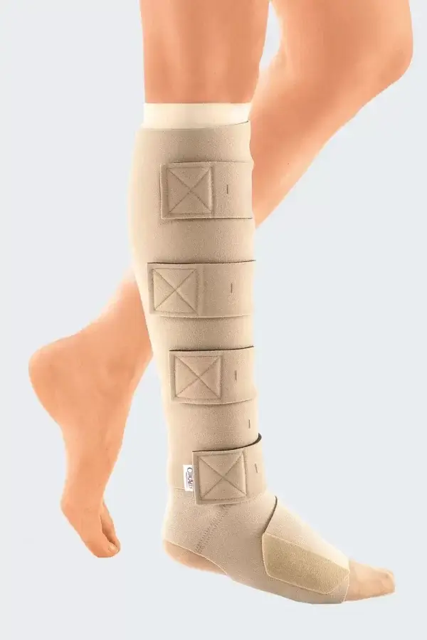 Mediven Juxtafit Compression Leg Wrap. Photo of the compression leg wrap worn by a model.